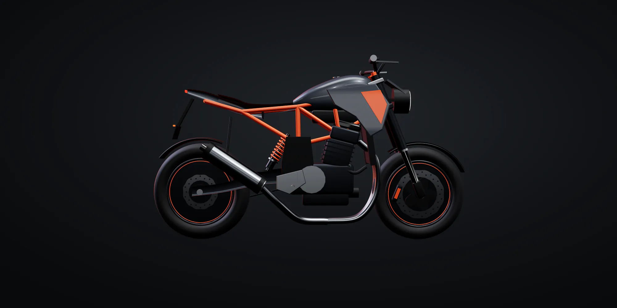 Render de perfil de una moto naked con chasis multitubular naranja