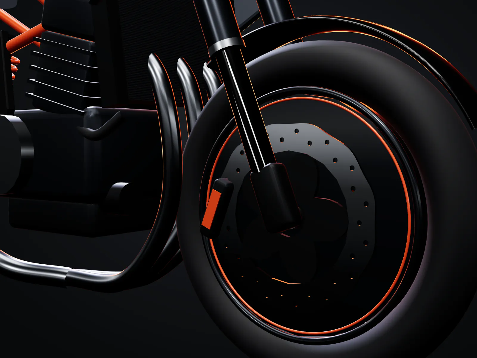 Render de estudio de la rueda delantera: llanta de radios, disco perforado y pinza radial